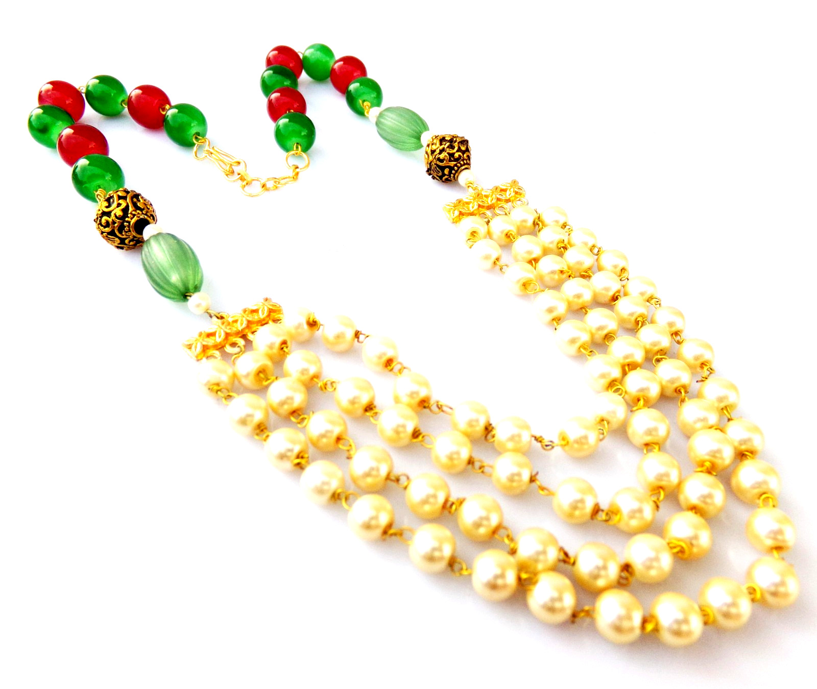 Indian Bollywood Gold Plated Pearls Mala Necklace Earrings Ethnic Jewelry Set