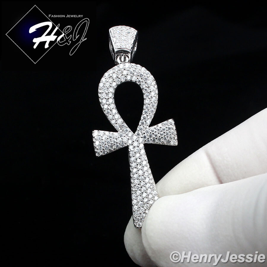 MEN WOMEN SOLID 925 STERLING SILVER ICY BLING CZ ANKH KEY CROSS PENDANT*SP93