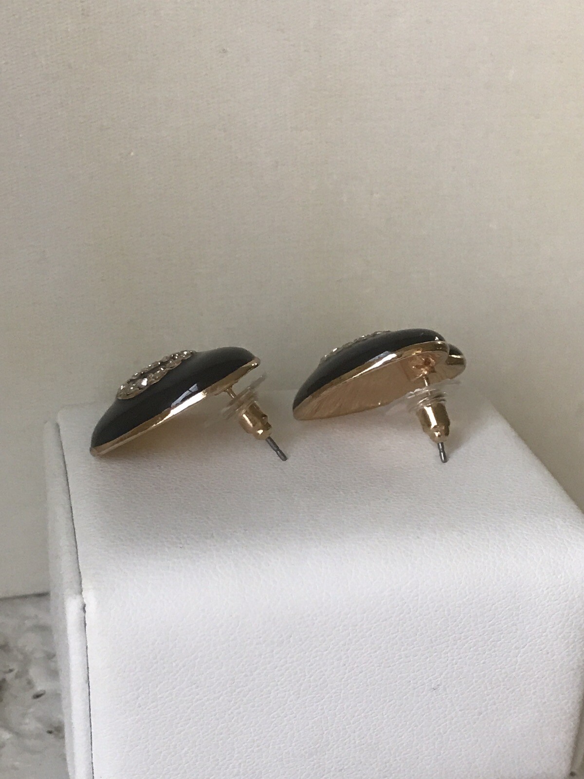 Black Enamel Heart Clear Crystal Pave Logo Stud Pierced Earrings
