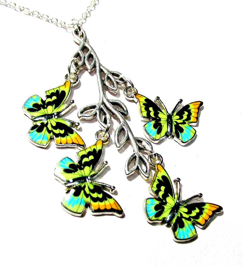 Silver Tone Blue Yellow & Black Butterflies On Branch 18″ Necklace -NWOT (#3118)