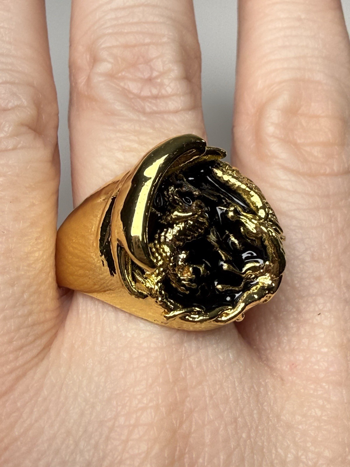 Sterling Silver Gold Plated Dragon Fantasy Ring Size 10.75 Black Enamel