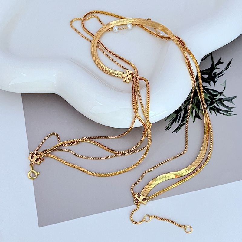 New Tory Three Chain Gold Necklace Pearl with Jewelry Pouch Size length: 46.5cm