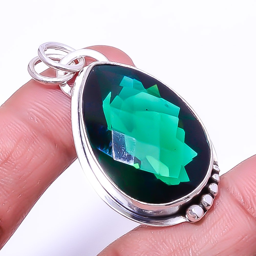 Emerald Simulated 925 Sterling Silver Pendant 1.76″ P6911, Christmas Gift