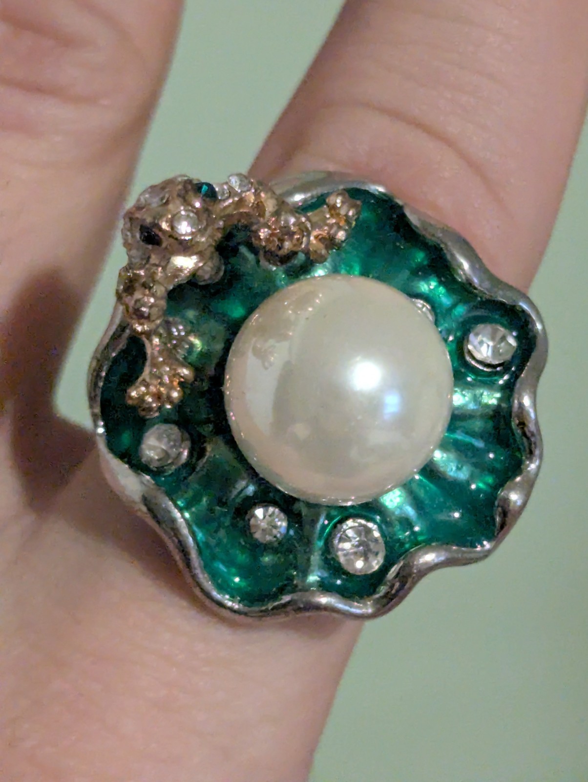 A Frog Ring With A Fake Pearl! It Is Green Yes, Yes Indeed. At least Has In It
