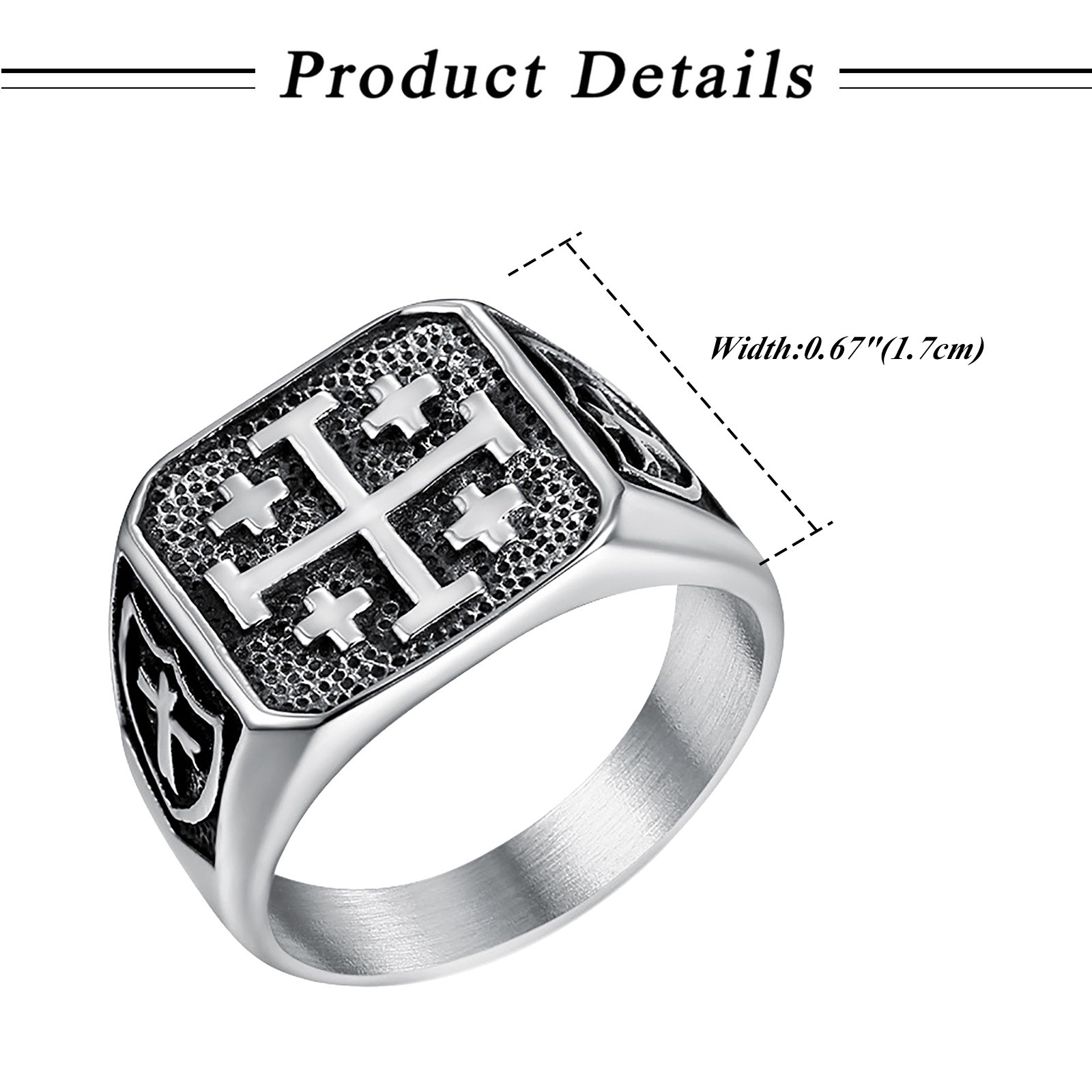 Men’s Stainless Steel Jerusalem Cross Signet Ring Size 8-13 Religious Faith Gift