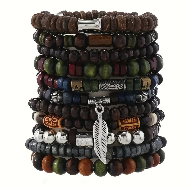 10pcs Vintage Boho Men’s Wooden Bracelets Leaf Style Wristwear Set – NEW