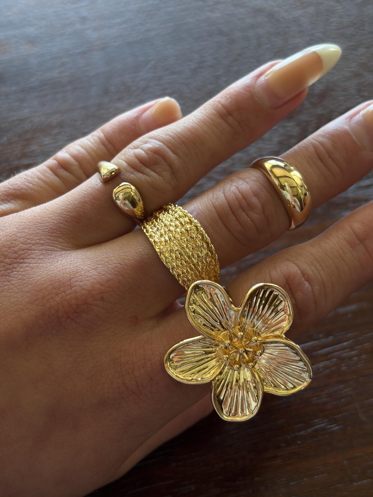 Gold-Tone Textured Flower Statement Ring