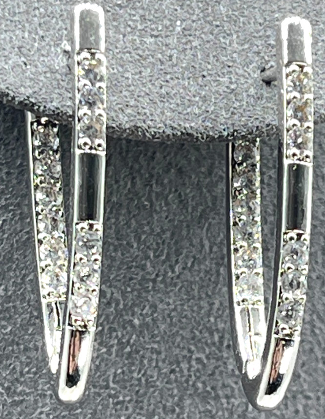 Earrings Silver Tone Inside/Outside Zirconia Crystal Elongated Hoops. Drop 1″