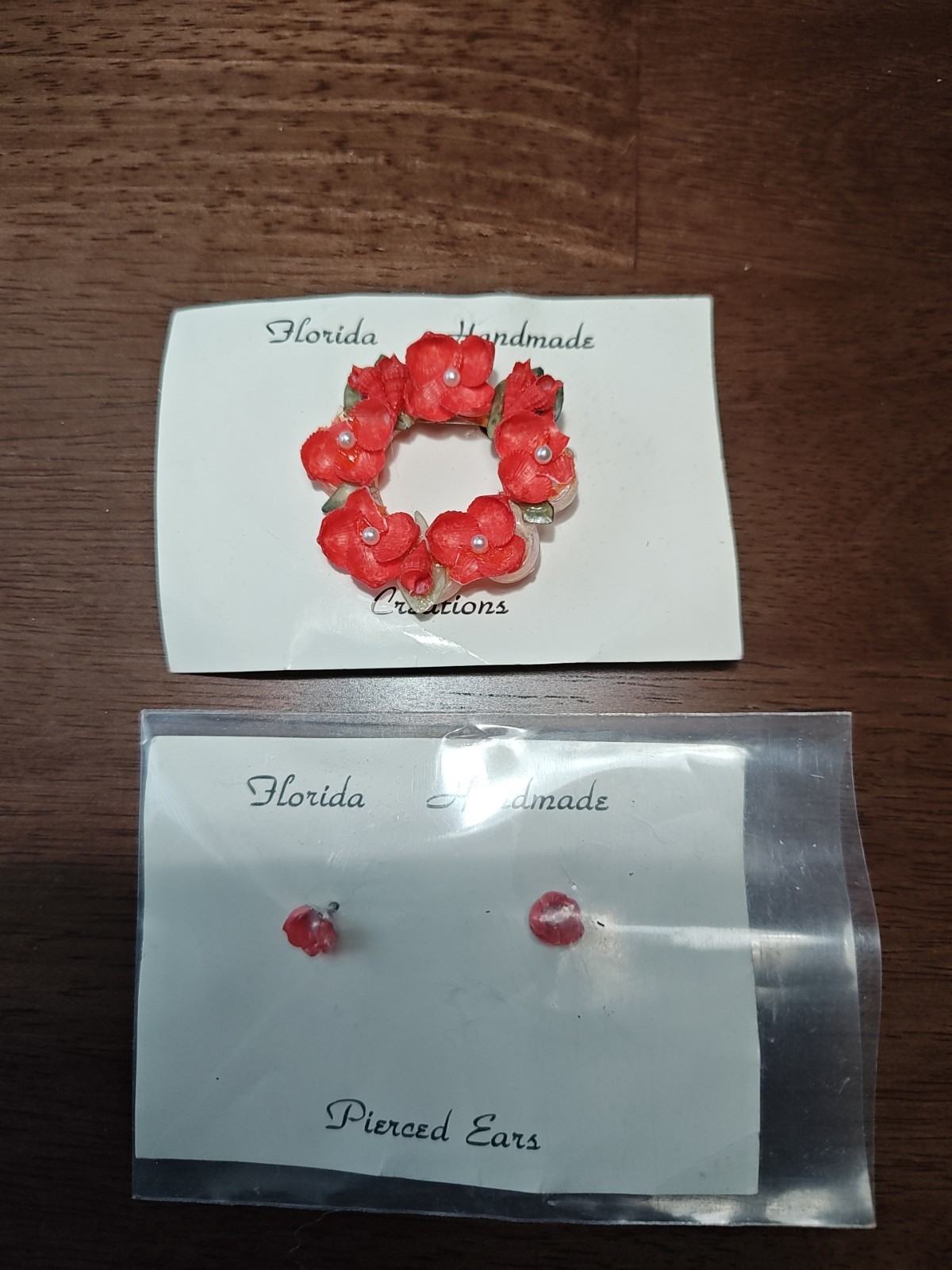Red Flower, Pearl, Shell Earrings & Brooch, Bridal Party, Beachy Cute!