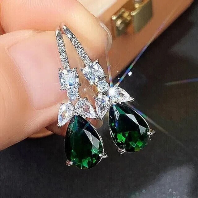 4Ct Pear Cut Simulated Green Emerald Drop/Dangle Earrings 14K White Gold Plated