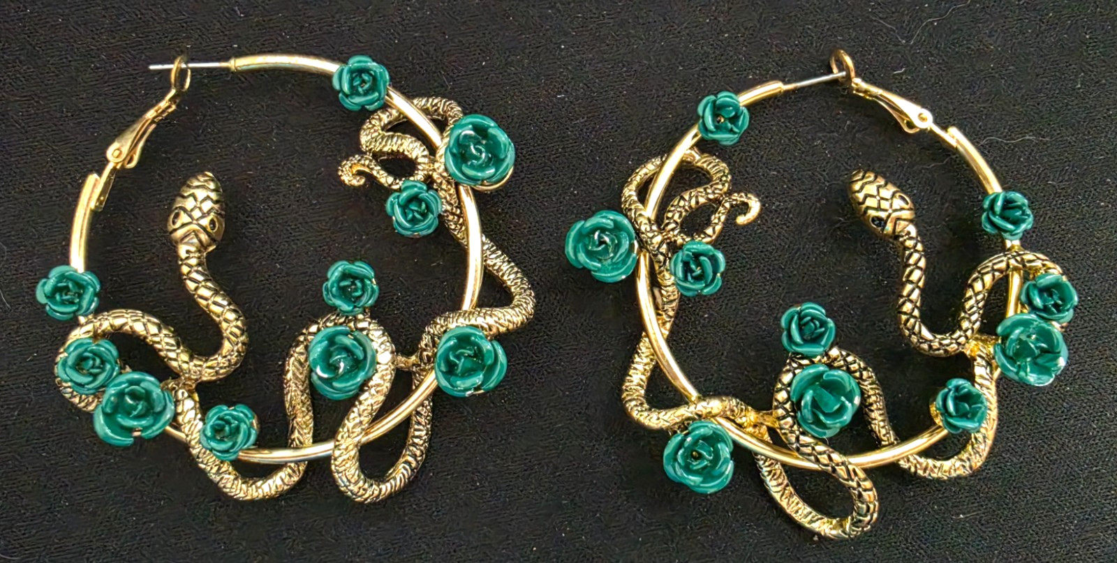 Gold Snake Hoop Earrings 2″ Teal Green Rose Serpent Gothic Flower Statement Pair