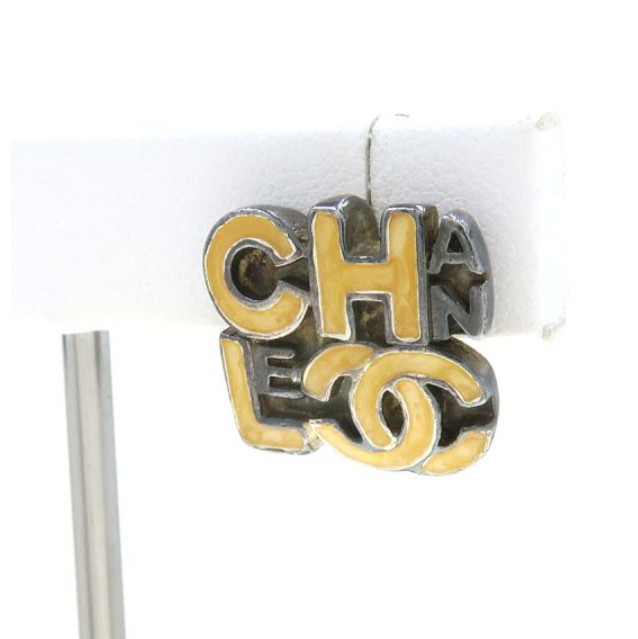CHANEL CC Logos Yellow Clip-On Earrings Silver Tone 00T Auth #7979