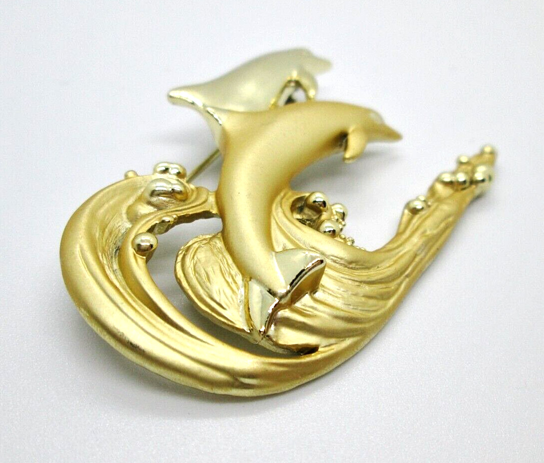 Vintage Dolphins In The Waves Brooch Pin AJC Signed Gold Tone 2 5/8″