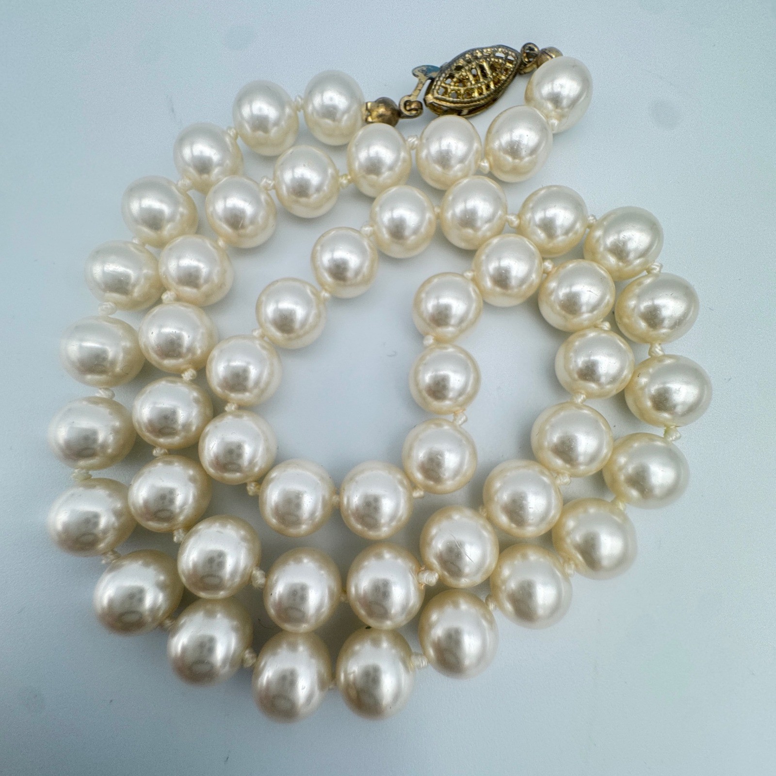 Hand Knotted Faux Pearl Strand Necklace Vintage Filigree Creamy White Clasp 18″