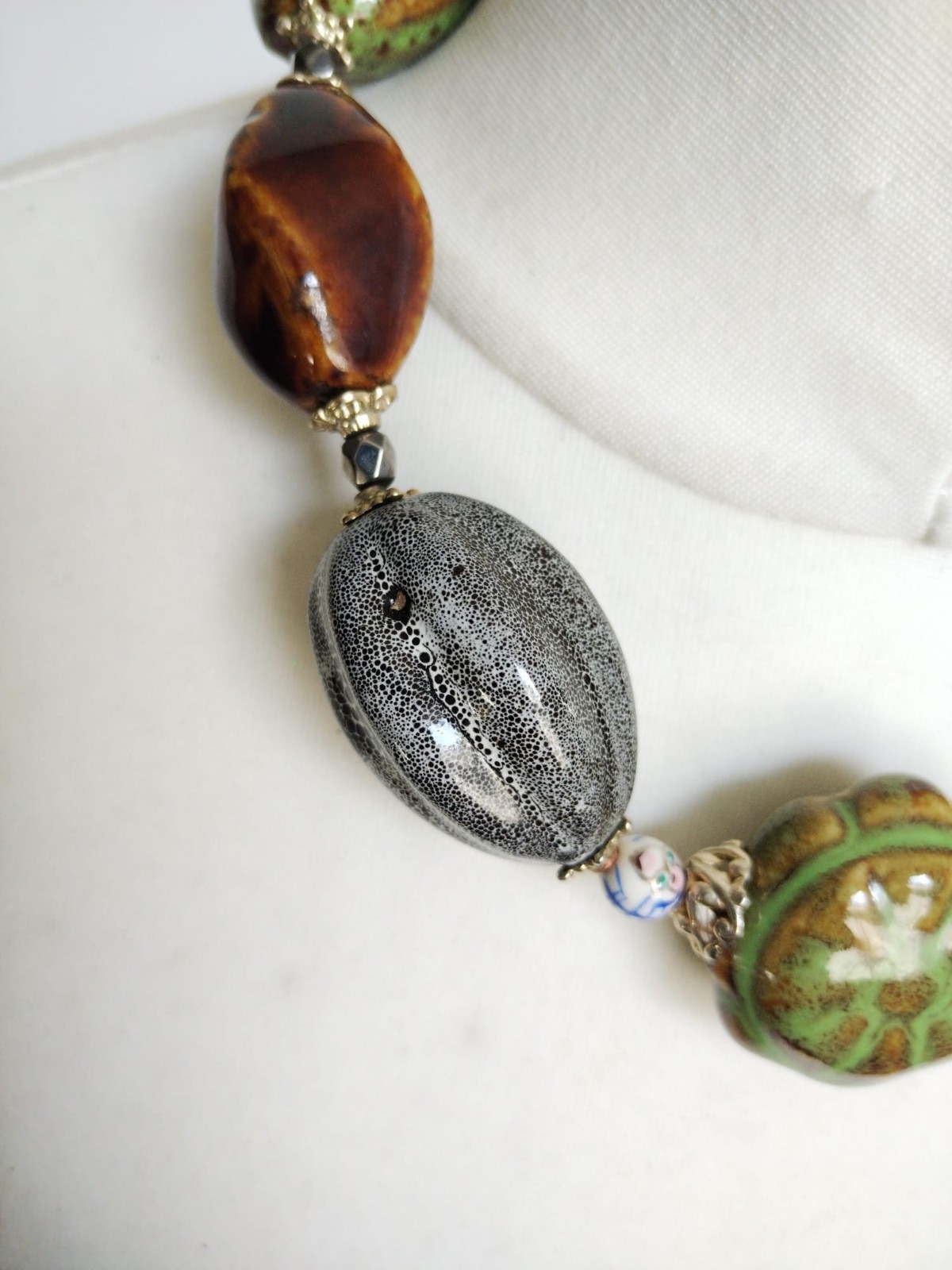 Chunky Glazed Ceramic Mixed Shapes Beaded Statement Necklace, blue green brown