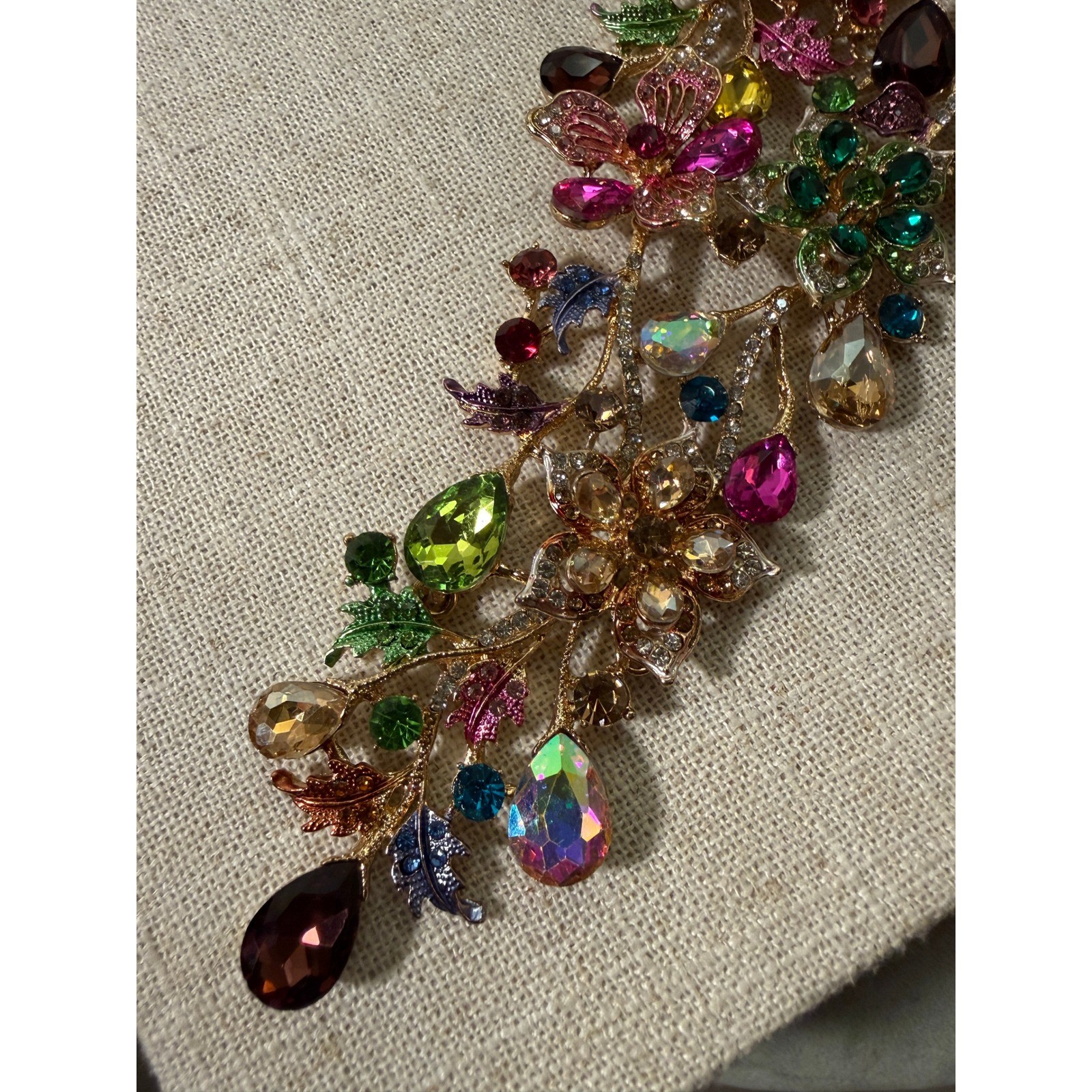 Multicolor Crystal Floral Bib Statement Necklace Gold Tone Jewel Tone Rhinestone