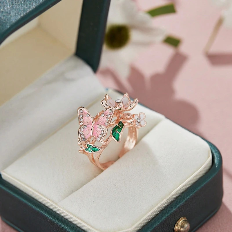 Flower Butterfly Ring Metallic Black Color Rhinestone Adjustable Open Band