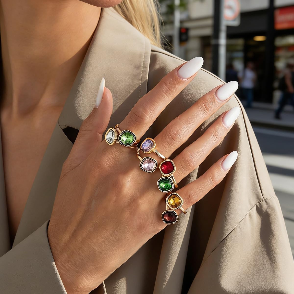 Colorful Gemstone Ring Set for Women, 8PCS Adjustable Stackable Rings with Na…