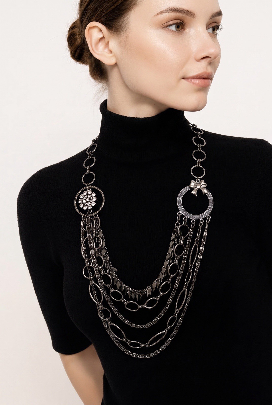 TSARINA Israel statement layered chain necklace crystal rhinestone silver tone