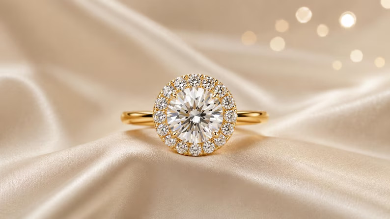 2Ct Round Cut Simulated Diamond Women Dainty Halo Ring 14k Yellow Gold Plated