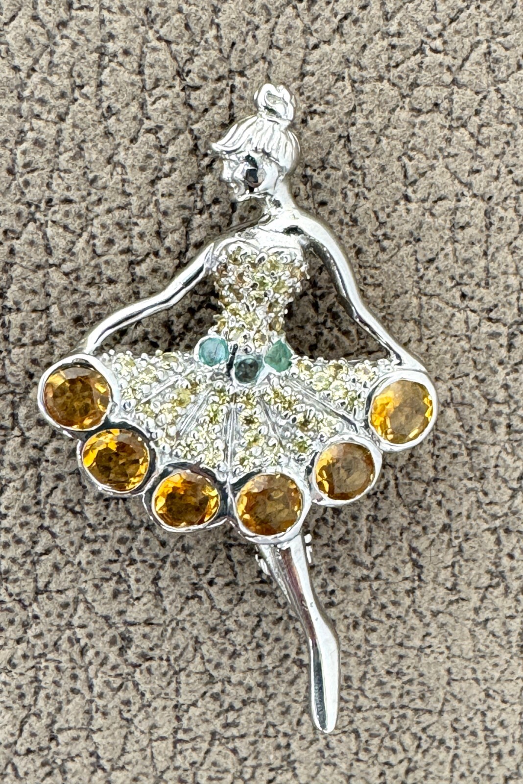 Art Sterling Silver Balerina Brooch, Round 6mm Cirtine 2mm Sapphire