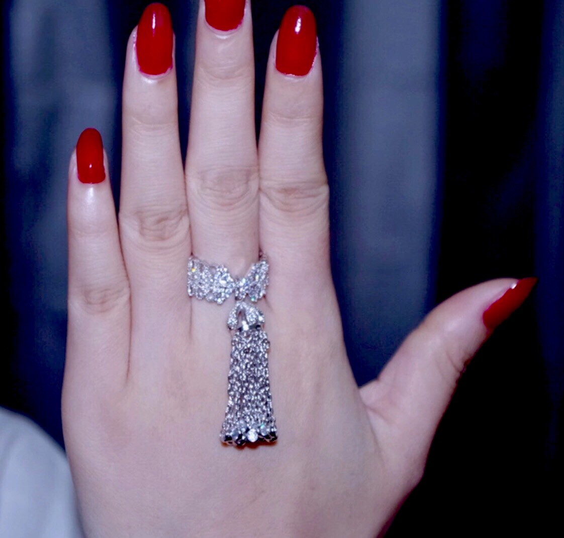 18k White Gold Plated Haute Couture Fringe Tassel Ring made w Swarovski Crystal