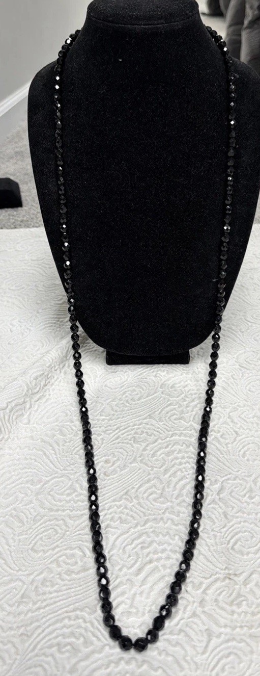 Vintage Long Single Strand Jet Black Faceted Glass Beaded 47” Necklace 87 Grams