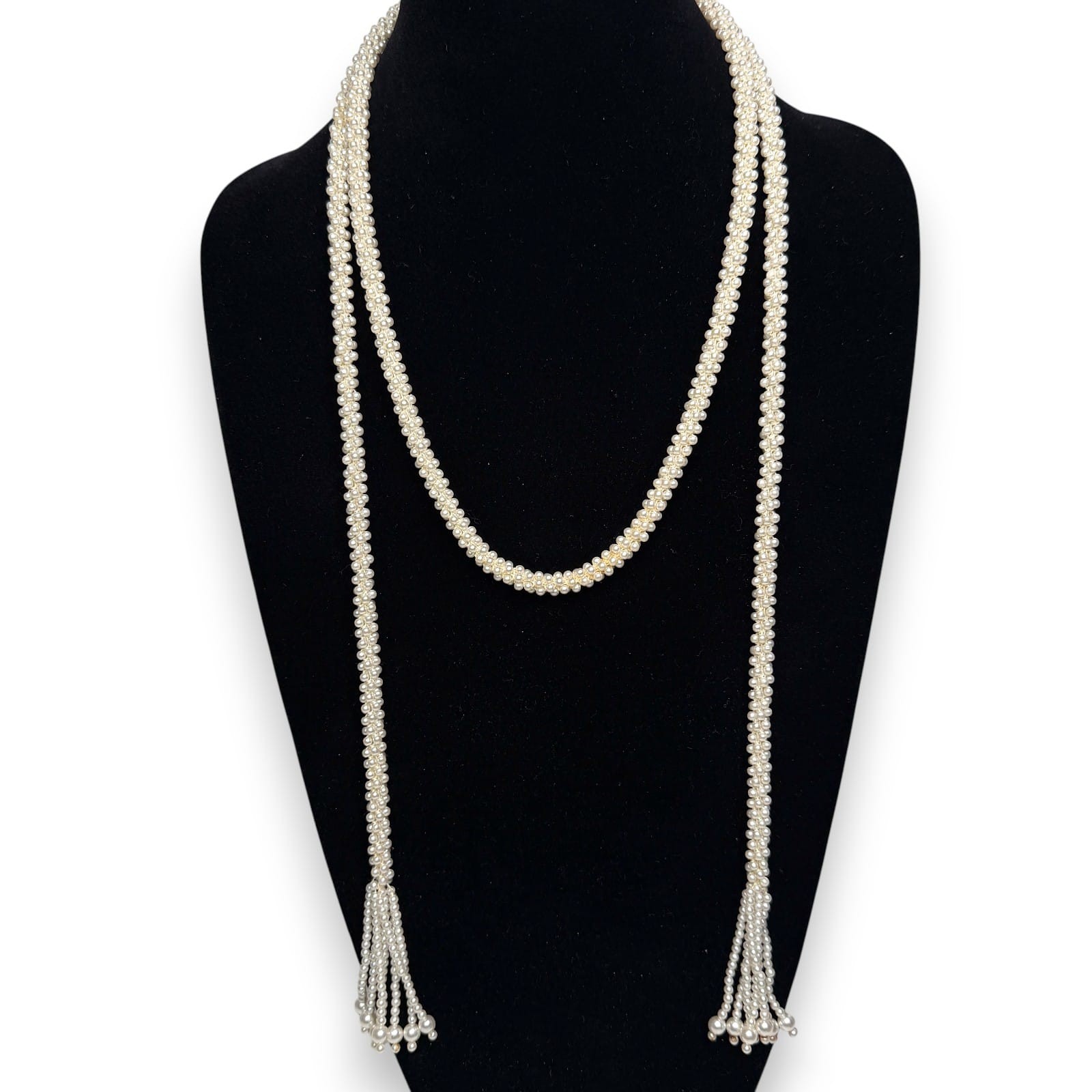 1960s Faux Pearl Crochet Rope Lariat Necklace 50″ Long Tassel Ends No Clasp