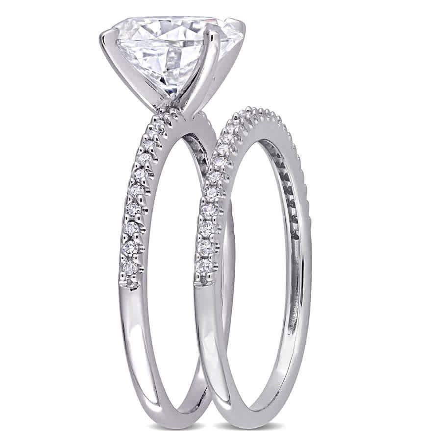 AMOUR 2 CT DEW Oval Created Moissanite and 1/4 CT TW Diamond Bridal Ring Set In