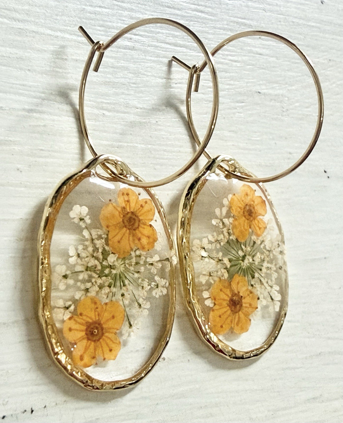 Orange Real Pressed Flower Hoop Earrings Gold 304 Stainless Steel Women’s New