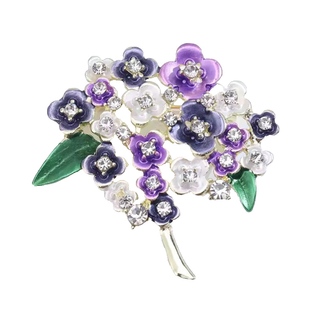 Enamel Hydrangea Flower Bouquet Brooch Crystal Floral Pin Gold Statement Jewelry