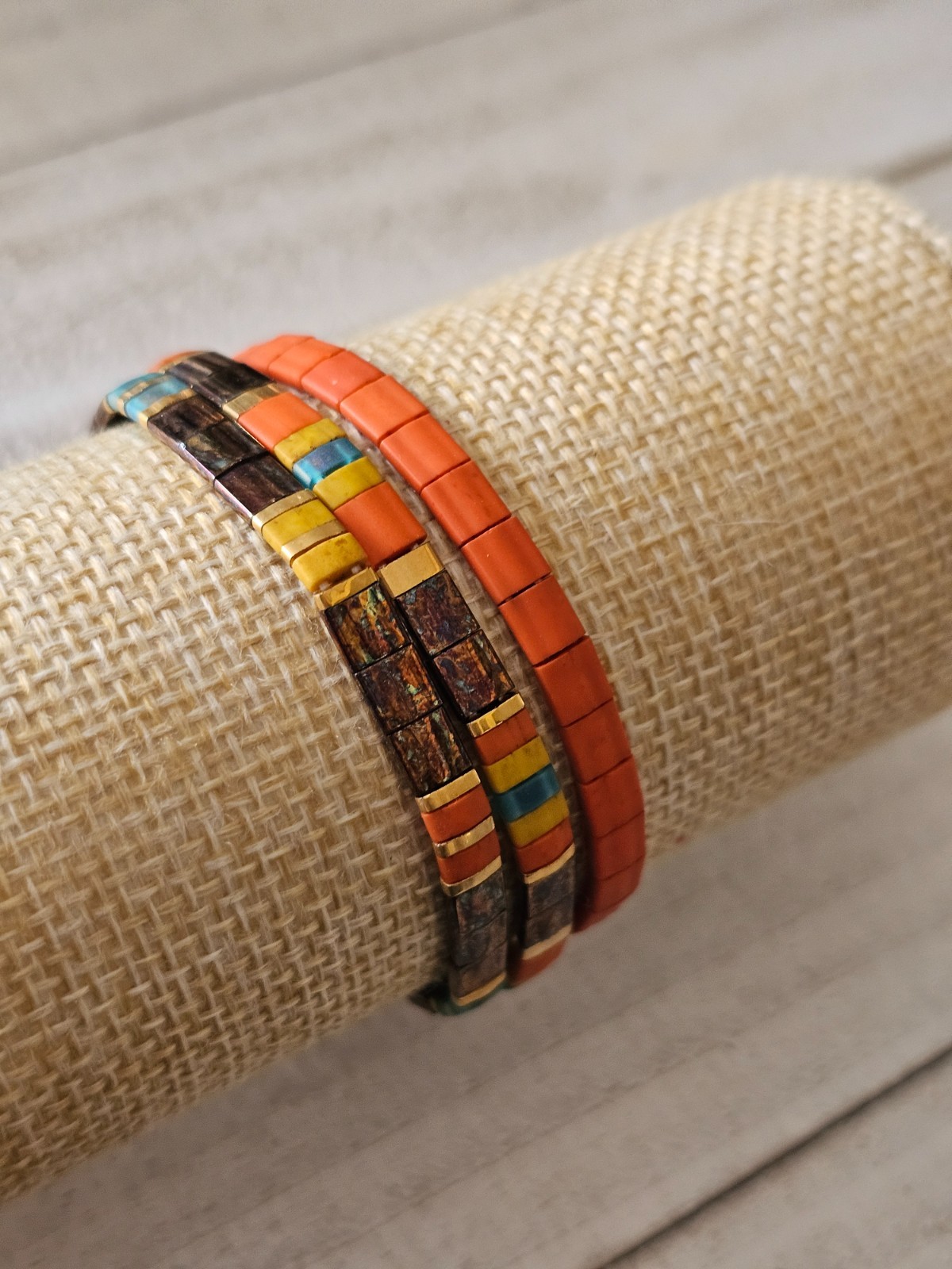 Miyuki Tila Orange Turq Mustard Brown Set Bracelets Glass Tile Stackable NTS6