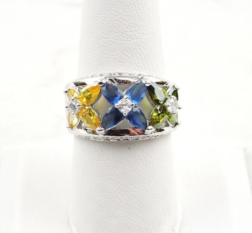 Sterling Silver 3.45 cttw Yellow, Blue And Green Pear Cut Cubic Zirconia Ring
