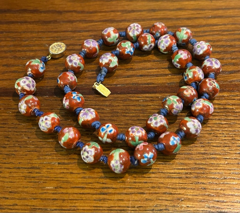 Chinese painted porcelain hand knotted red beaded necklace 20”