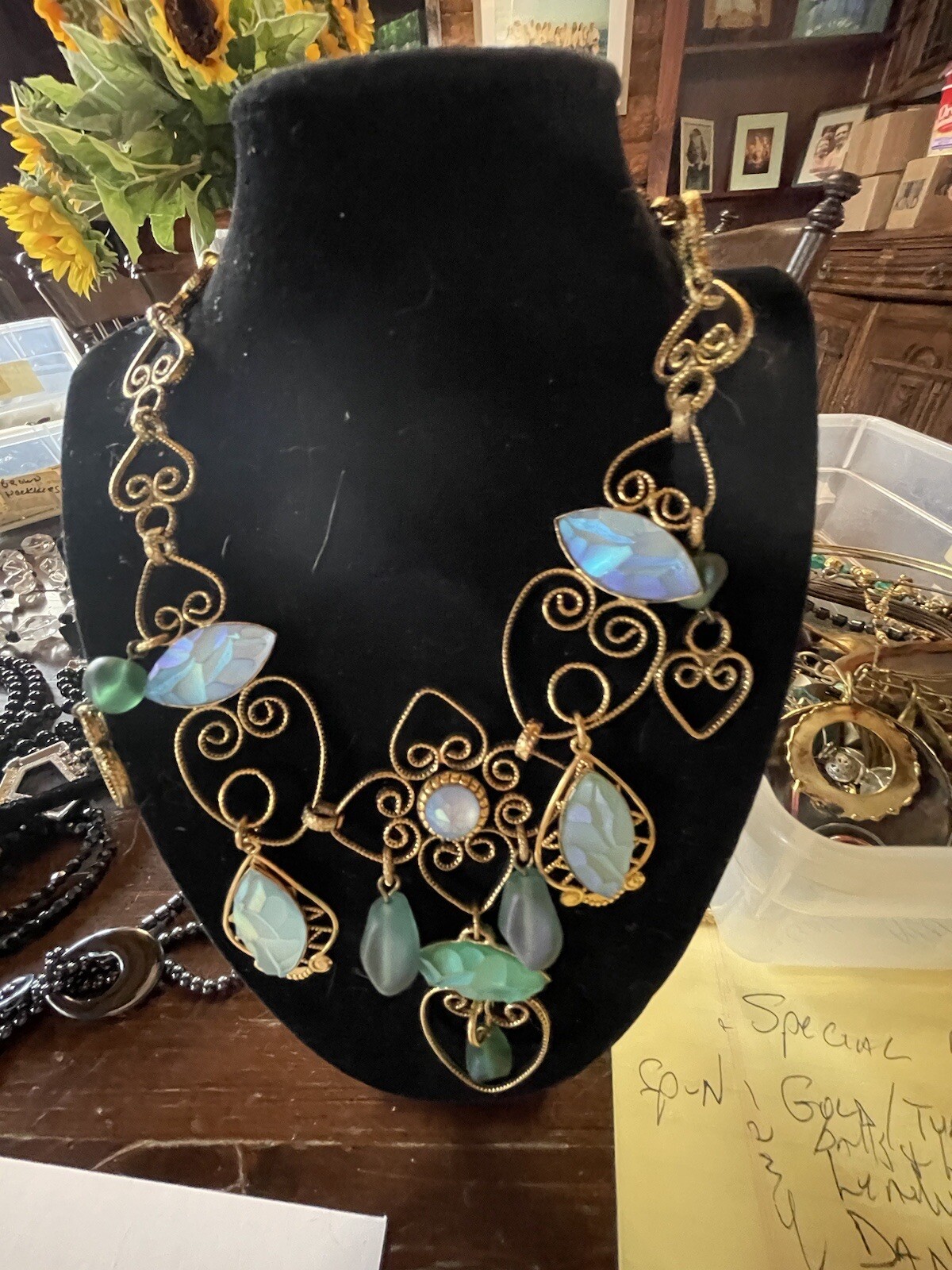 Vtg Signed Zoe Coste Huge Gold Tone Chandelier Necklace Aqua Blues France R-S#10