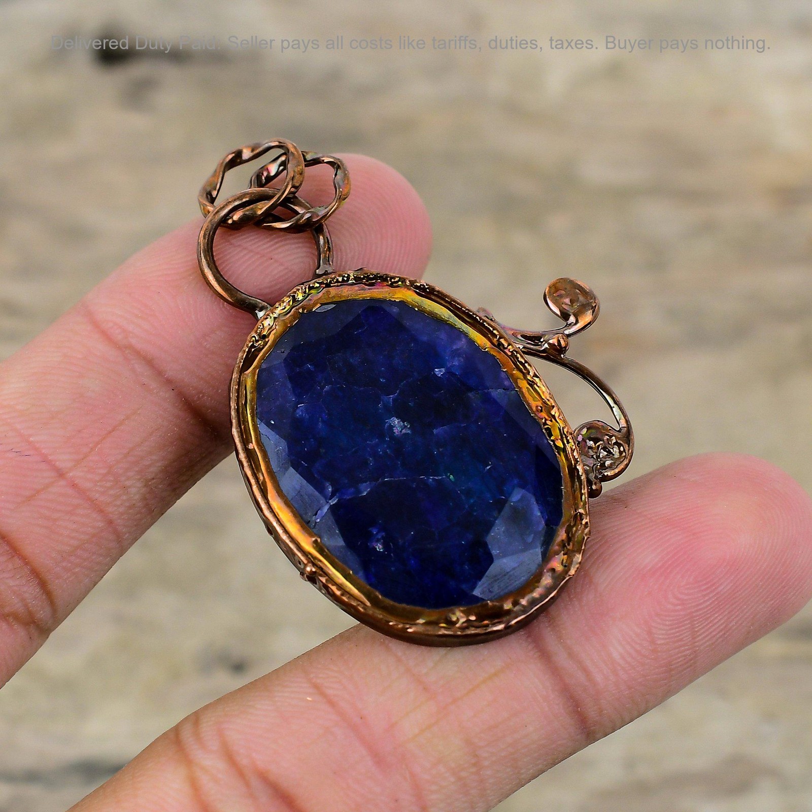 Copper Oval Blue Saphire Stone Bezel Wife Wedding Birthday Electroformed Pendant