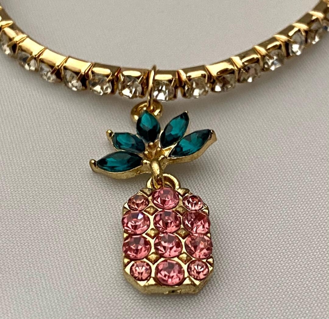 4pcs GOLDTONE PINEAPPLE SET NECKLACE, EARRINGS, BRACELET, RING CRYSTALS