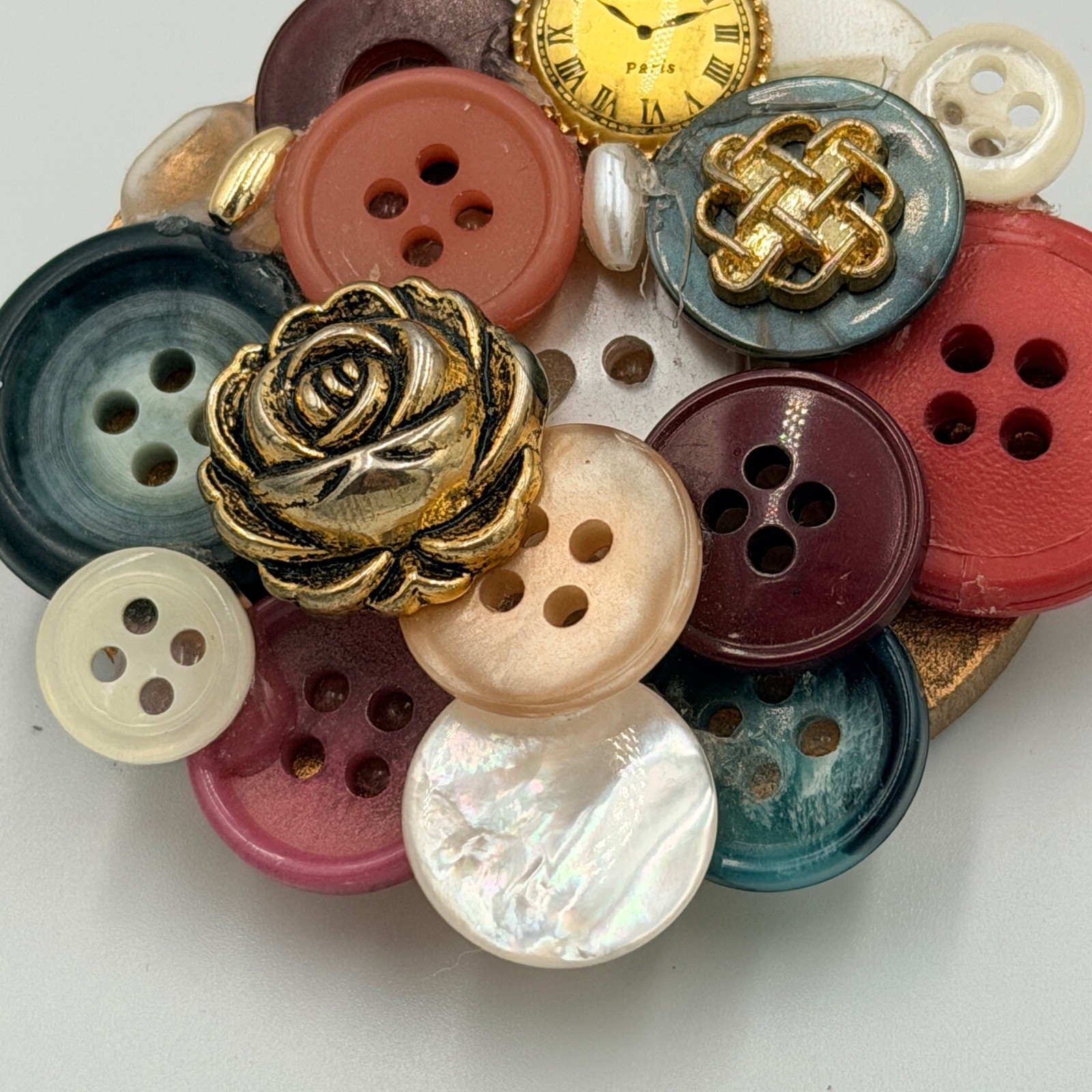 Unique Vintage Button Brooch with Clock and Rose Charm for Women Grannycore