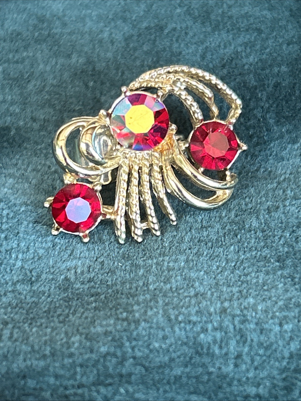 Vtg Coro 3 Piece Set Necklace Bracelet Earrings Red Aurora Borealis Rhinestones