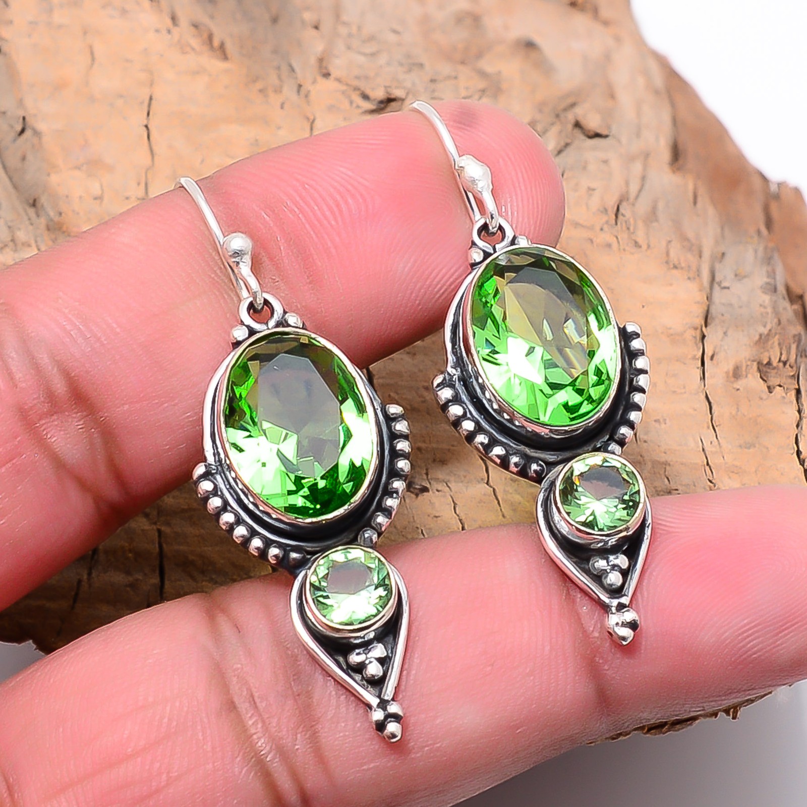Green Amethyst Oxidised Designer Handmade 925 Sterling Silver Earring 1.82 E62