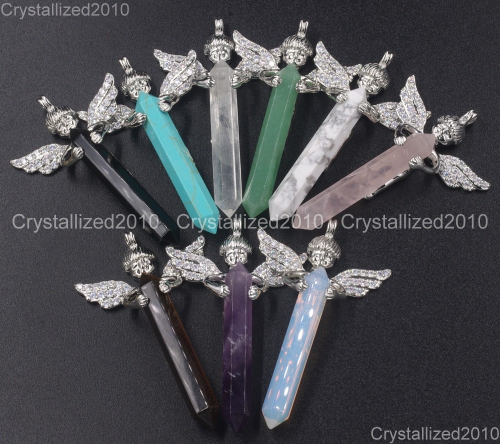 Natural Gemstone Zircon Pave Angel Hexagonal Pointed Reiki Healing Pendant Beads