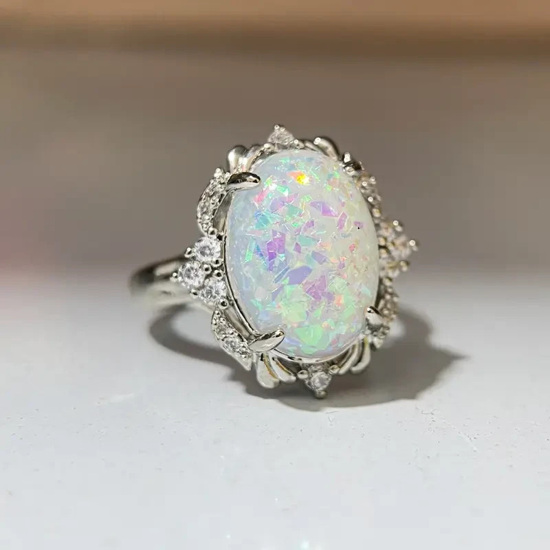 Elegant 925 Sterling Silver Rainbow Opal Charms Engagement Wedding Ring Size 7