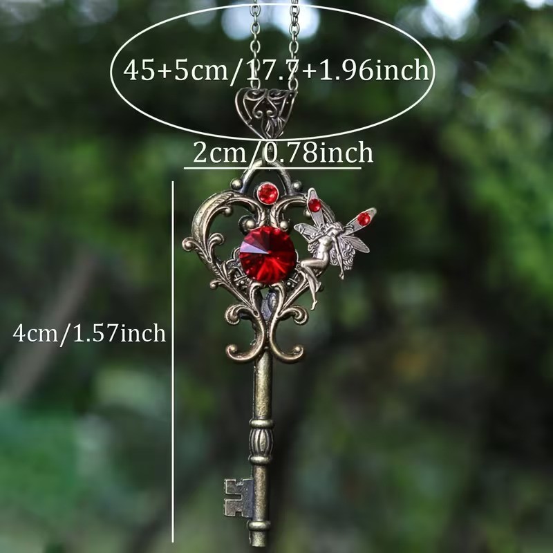 Retro Bohemian Magic Fairy Key Necklace for Women w Red Glass Stone
