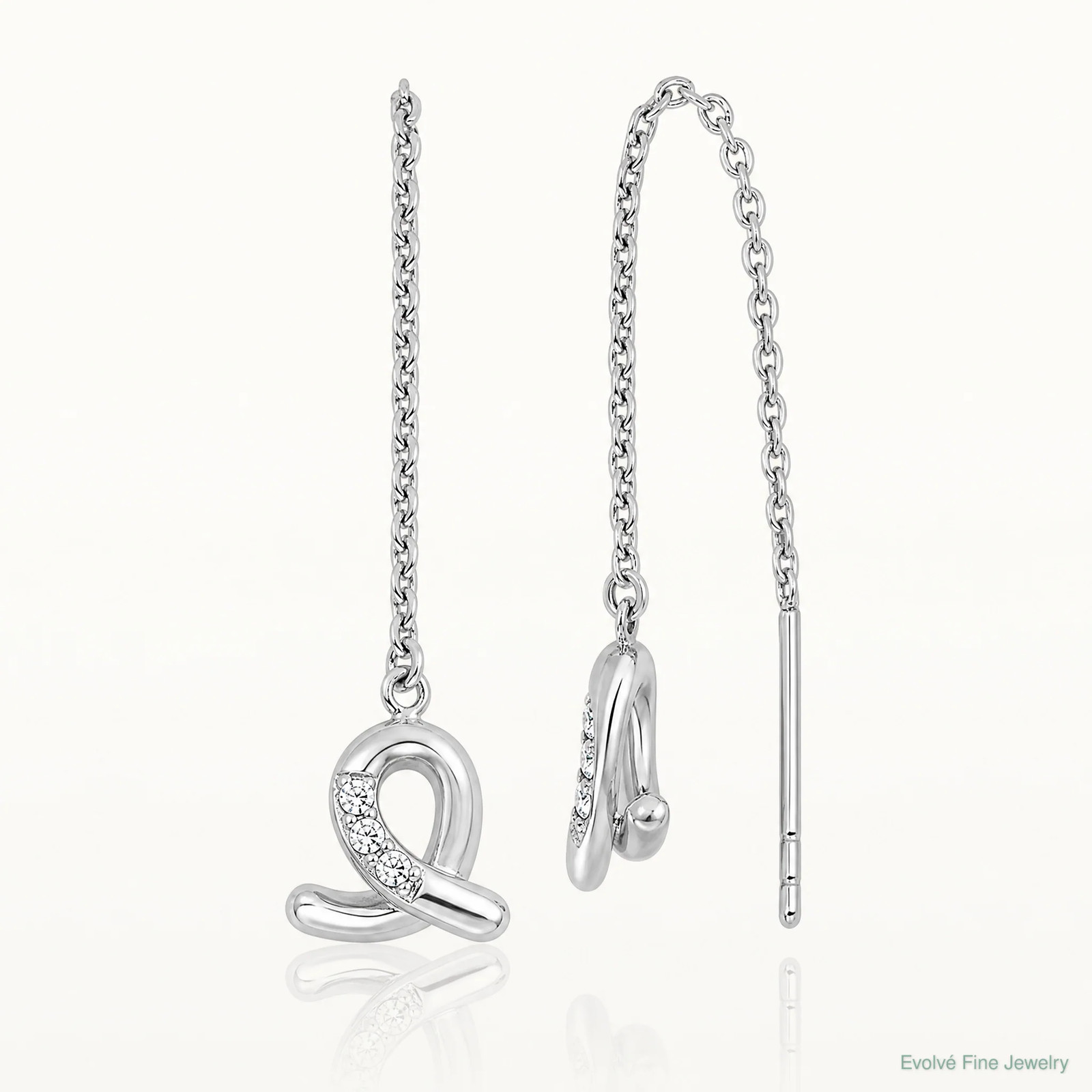 Sterling Silver Rhodium-Plated CZ Loop Dangle Threader Earrings