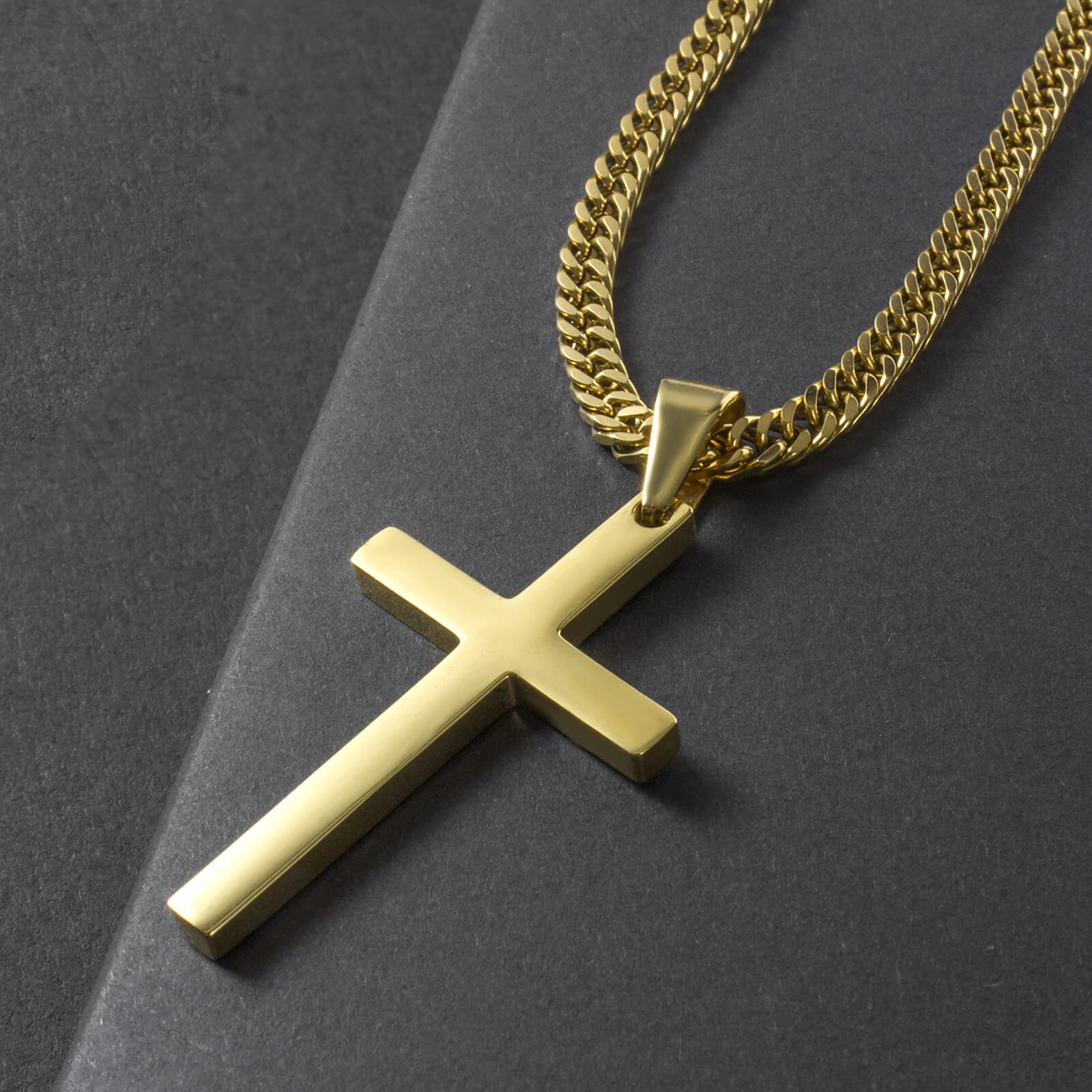 Men Cross Necklace Silver Gold Stainless Steel Boy Plain Pendant Cuban Chain