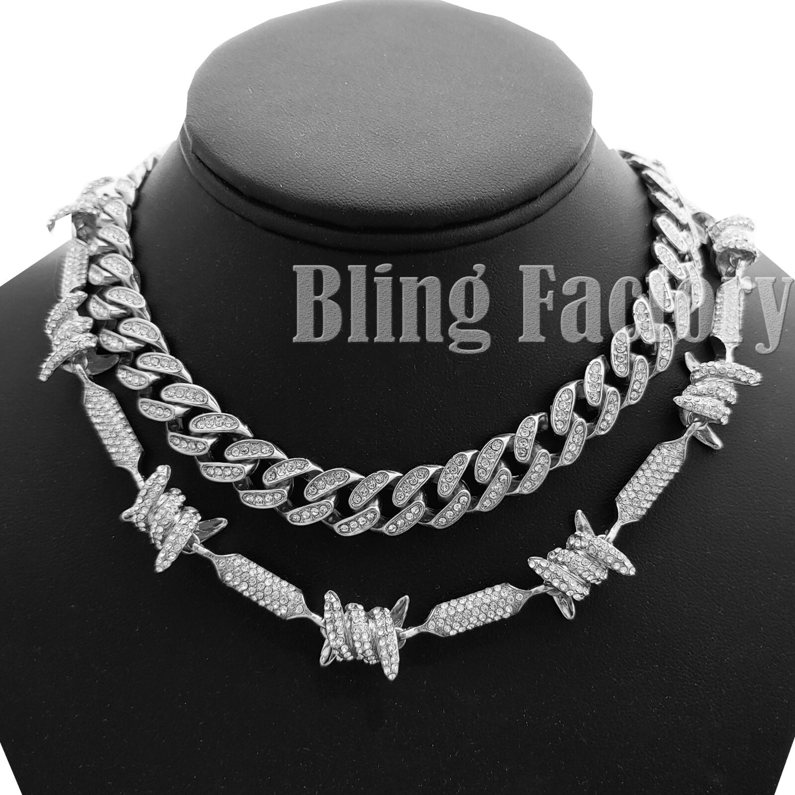Hip Hop Silver PT Bling Full Iced 18″ Cuban & Barbed Wire Choker Chain Necklace