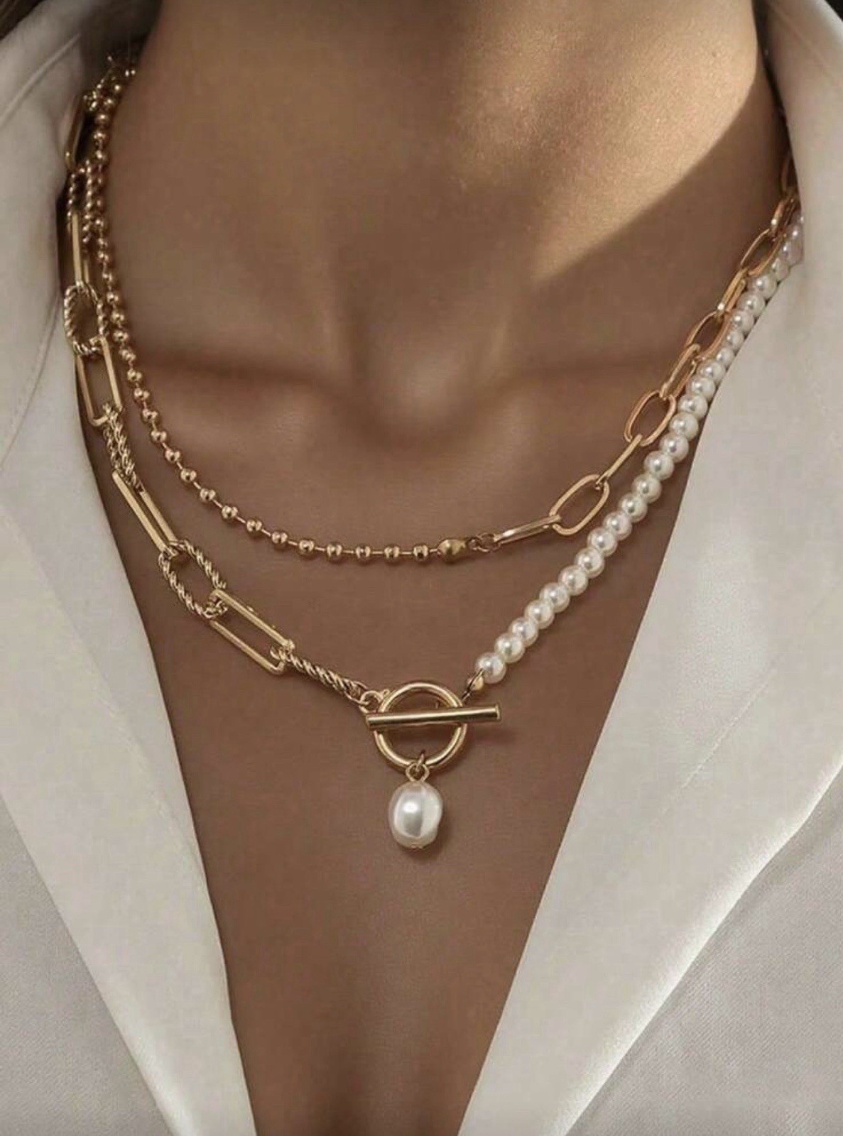 Vintage Baroque Pearl & Paperclip ChainNecklace – Elegant Toggle Clasp