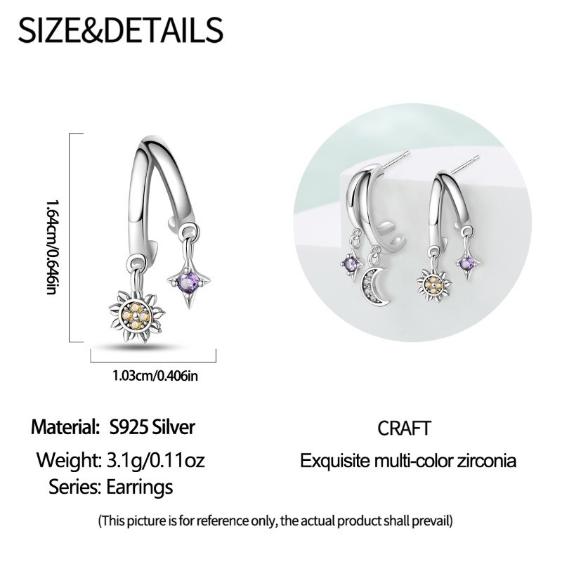 PANDACH Women 925 Sterling Silver Moon Sun Stud Earrings Cubic Zirconia CZ Gifts