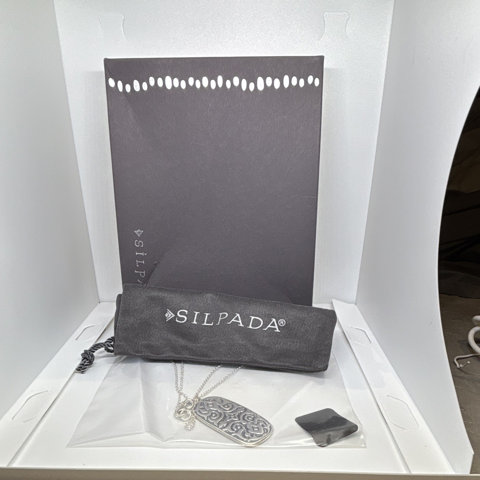 Silpada Silver Rectangle Charm Pendant Cable Chain Necklace, No Stone, Signed