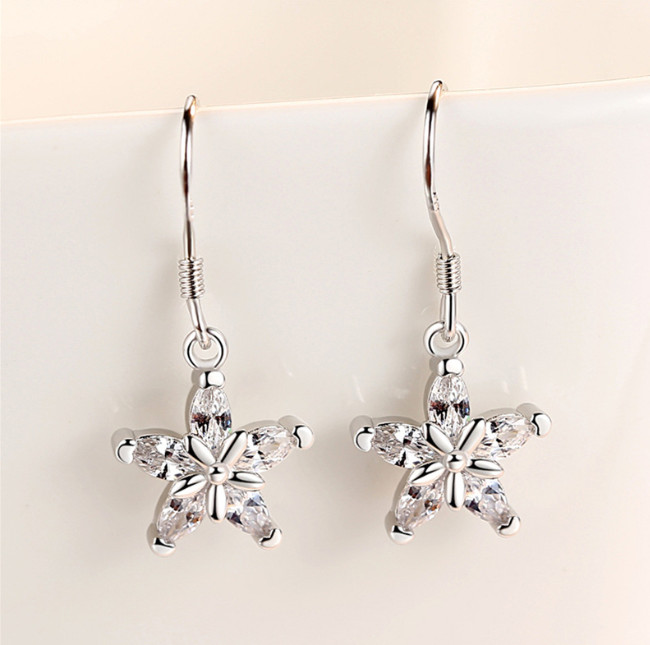 925 Silver Plated Star Dangle Drop CZ Stud Earrings Hanging Tassel Chain I36